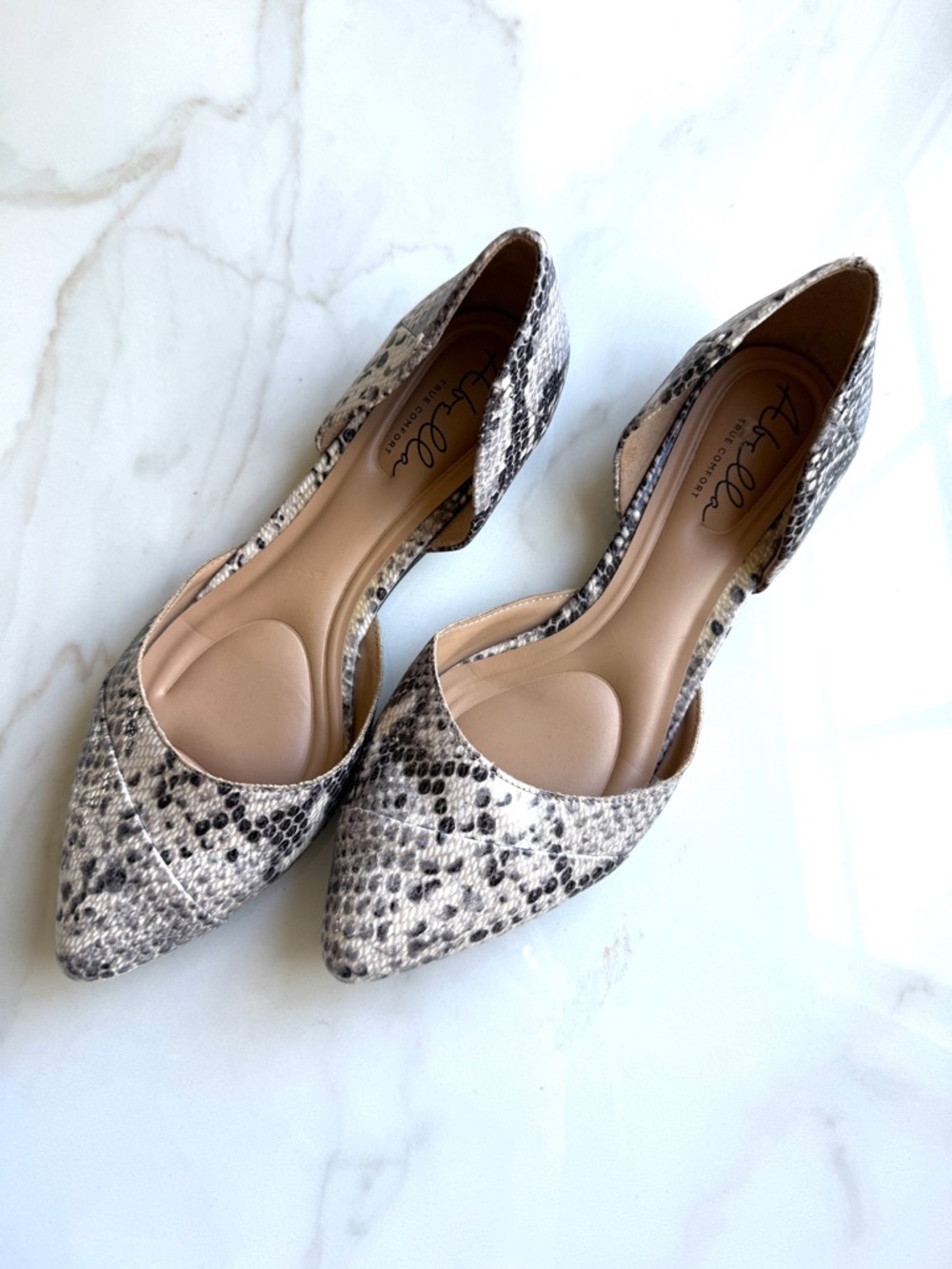 Abella Snake-Print D'Orsay Pointed Flats in Beige and Black